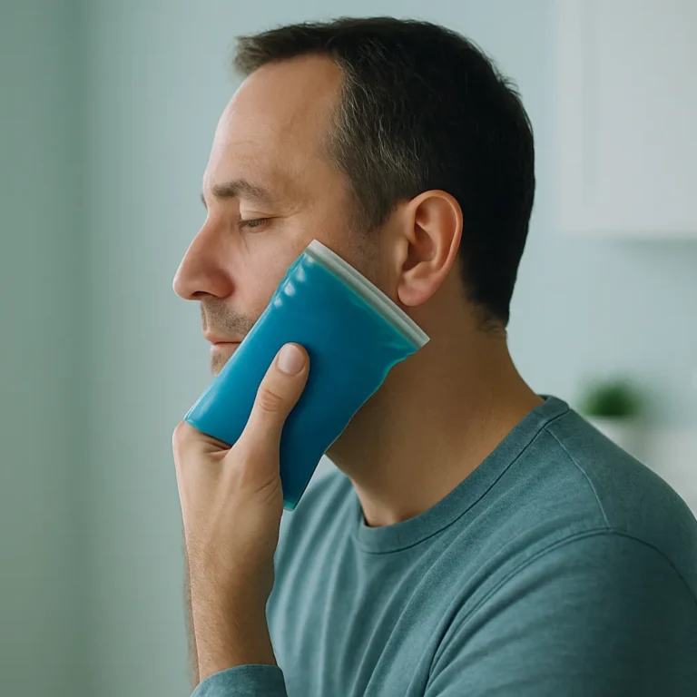 אדם מניח קומפרס קר סמוך ללחי לפני בדיקת נפיחות דנטלית
