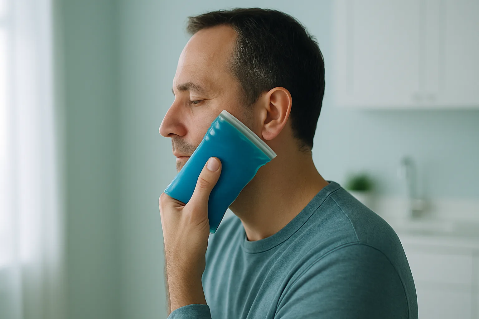 אדם מניח קומפרס קר סמוך ללחי לפני בדיקת נפיחות דנטלית