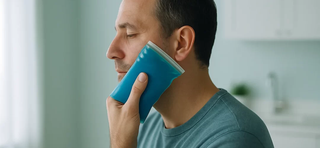 אדם מניח קומפרס קר סמוך ללחי לפני בדיקת נפיחות דנטלית