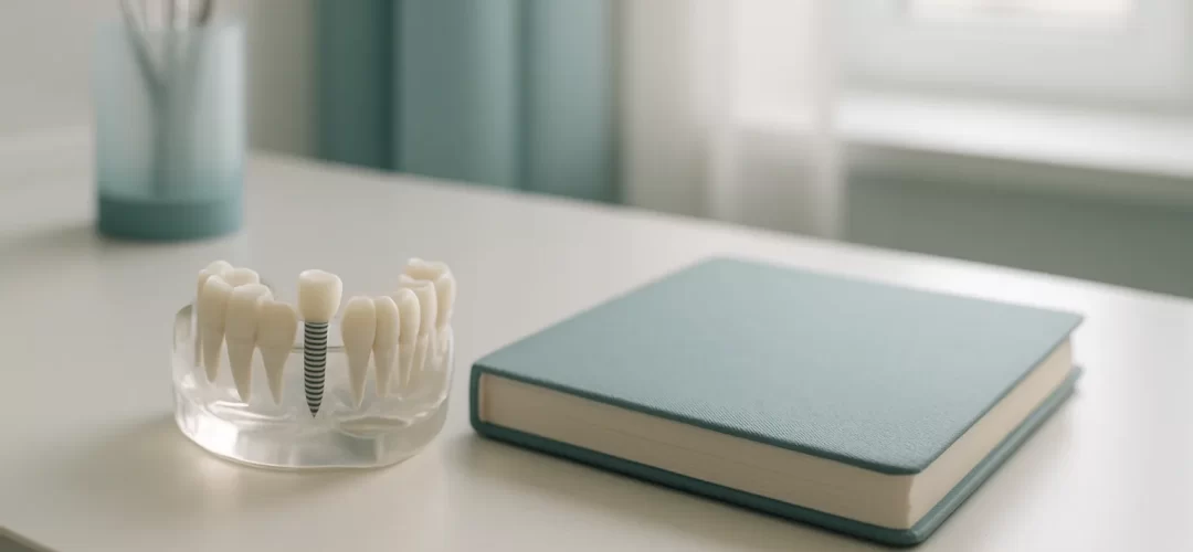 דגם לתכנון שתל ומחברת הכנה על שולחן מרפאה