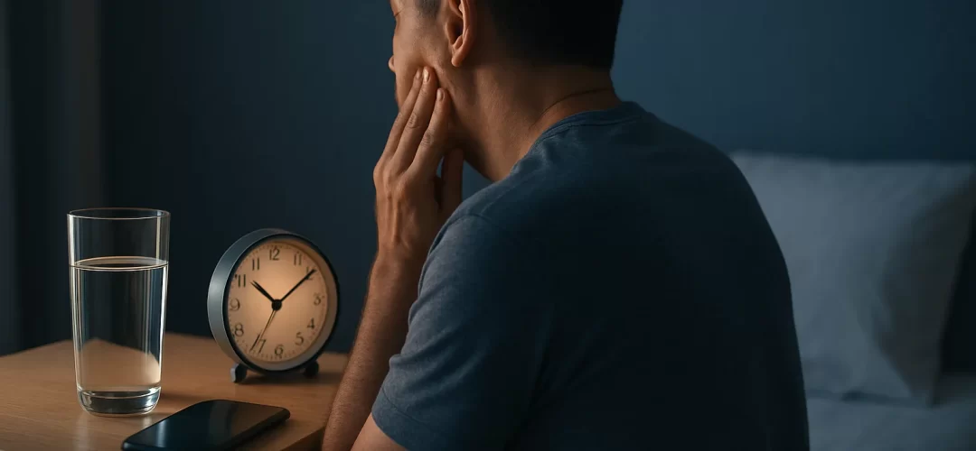 אדם מתמודד עם כאב שיניים בשעות הלילה ומתכונן ליצור קשר